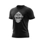 A black t-shirt with a white skull design wearing a fire helmet on a white background