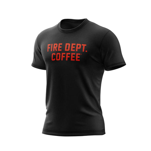 A black t-shirt with ’FIRE DEPT. COFFEE’ text in red on a white background