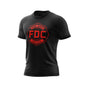 A black Fire Dept. Coffee T-shirt displayed on a white background, featuring a large red FDC Maltese cross logo on the front