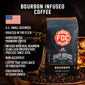 A bag of Bourbon Infused Coffee with bullet points that read ”U.S small business, roasted in the U.S.A, handcrafted premium coffee, infused with real bourbon using our proprietary process since 2016, non-alcoholic, coffee that gives back to firefighters, firefighter and veteran owned”.
