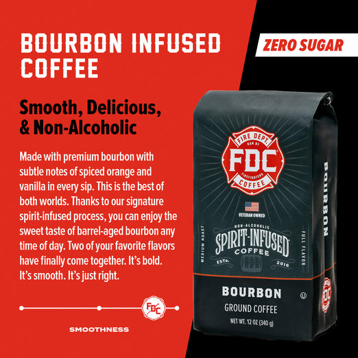 A bag of Bourbon Infused Coffee with bold words that say ”Zero Sugar, Smooth, Delicious, and Non-Alcoholic”. A paragraph below reads, ”Made with premium bourbon with subtle notes of spiced orange and vanilla in every sip. This is the best of both worlds. Thanks to our signature spirit-infused process, you can enjoy the sweet taste of barrel-aged bourbon any time of the day. Two of your favorite flavors have finally come together. It’s bold. It’s smooth. It’s just right.”