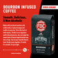 A bag of Bourbon Infused Coffee with bold words that say ”Zero Sugar, Smooth, Delicious, and Non-Alcoholic”. A paragraph below reads, ”Made with premium bourbon with subtle notes of spiced orange and vanilla in every sip. This is the best of both worlds. Thanks to our signature spirit-infused process, you can enjoy the sweet taste of barrel-aged bourbon any time of the day. Two of your favorite flavors have finally come together. It’s bold. It’s smooth. It’s just right.”