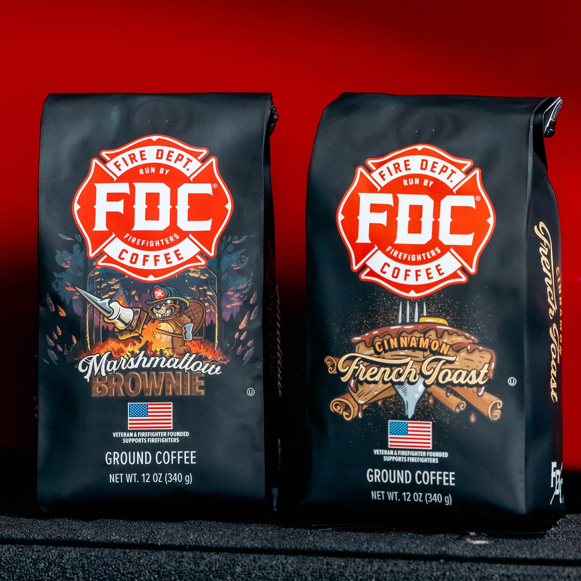 A 12 ounce bag of Cinnamon French Toast Coffee and a 12 ounce bag of Marshmallow Brownie Coffee