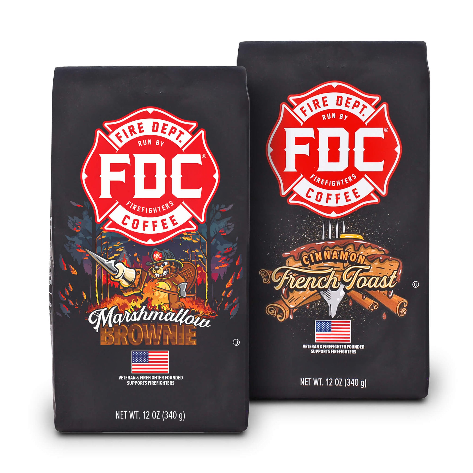 A 12 ounce bag of Cinnamon French Toast Coffee and a 12 ounce bag of Marshmallow Brownie Coffee