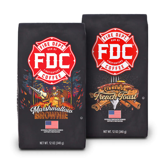 A 12 ounce bag of Cinnamon French Toast Coffee and a 12 ounce bag of Marshmallow Brownie Coffee