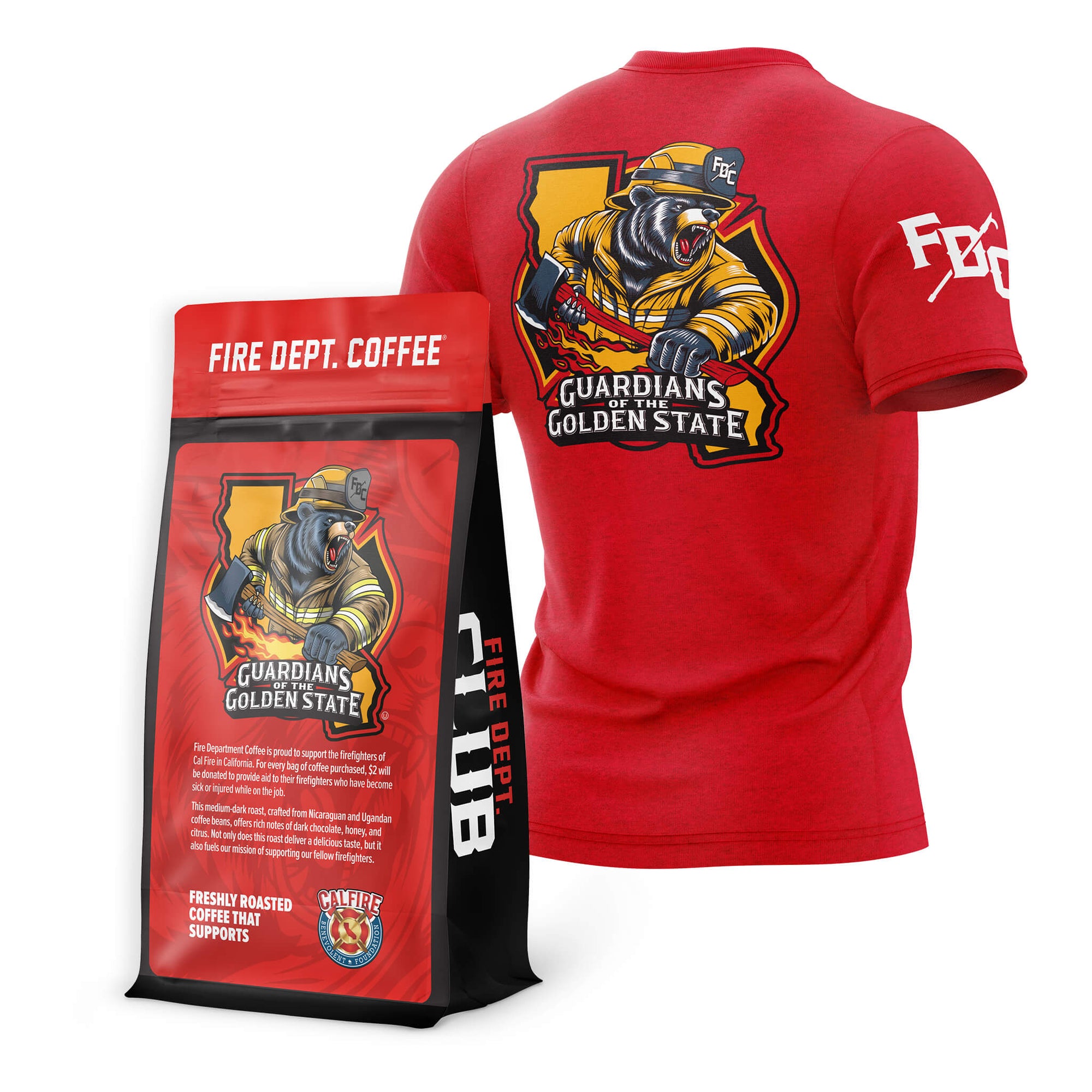 Fire Department Coffee's 'Guardians of the Golden State' coffee bag and red T-shirt featuring a firefighter bear design.