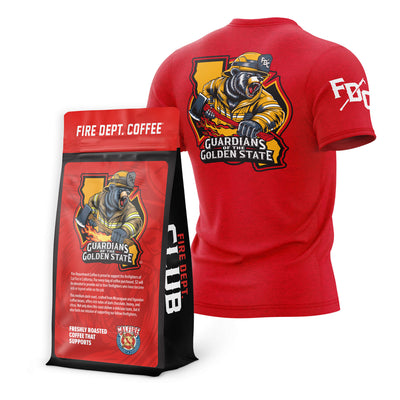 Fire Department Coffee's 'Guardians of the Golden State' coffee bag and red T-shirt featuring a firefighter bear design.