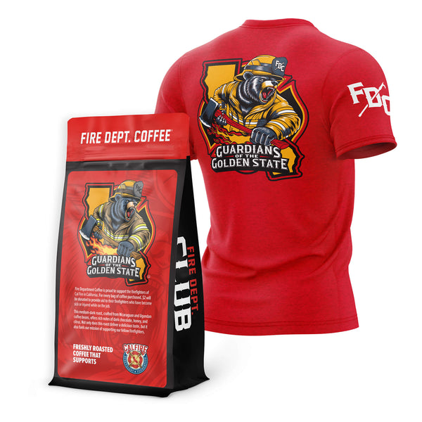 Fire Department Coffee's 'Guardians of the Golden State' coffee bag and red T-shirt featuring a firefighter bear design.
