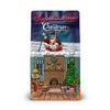 Fire Department Coffee Christmas Blend Coffee bag with Santa Claus in a chimney above a living room decorated for Christmas illustration.