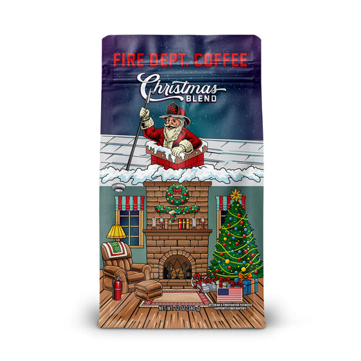 Fire Department Coffee Christmas Blend Coffee bag with Santa Claus in a chimney above a living room decorated for Christmas illustration.