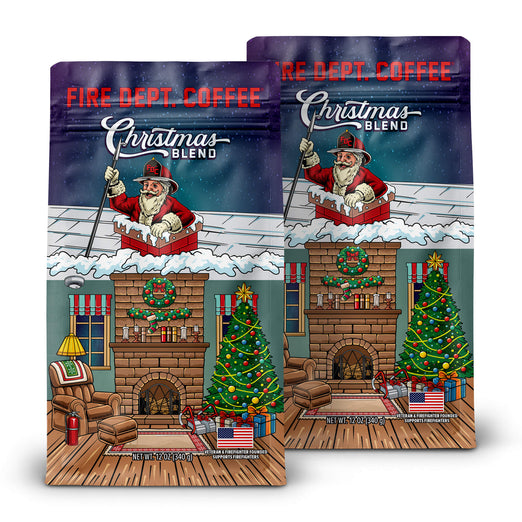 Two Fire Department Coffee Christmas Blend Coffee bags with Santa Claus in a chimney above a living room decorated for Christmas illustration.