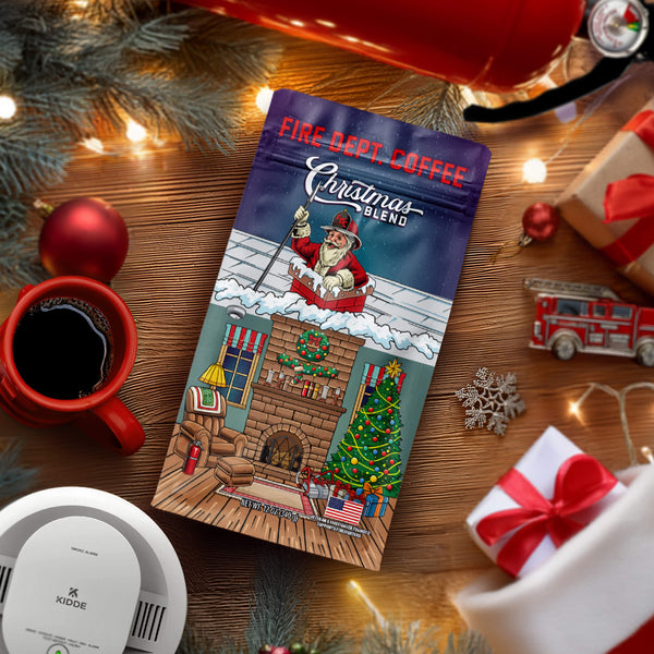 Fire Department Coffee Christmas Blend Coffee bag with Santa Claus in a chimney above a living room decorated for Christmas illustration.