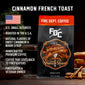 A bag of Cinnamon French Toast Coffee with bullet points that read ”U.S small business, roasted in the U.S.A, natural flavors of sweet cinnamon and warm syrup, handcrafted premium coffee, coffee that gives back to firefighters, firefighter and veteran owned”.