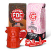 The Coffee Lovers Valentine's Day Bundle, containing a bag of Donut Shop Coffee, a bag of Strawberries and Cream Rum Infused Coffee, a red EKG Sticker, and a red Fire Hydrant mug.