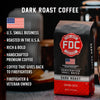 A Dark Roast Coffee bag with bullet points that read "U.S small business, roasted in the U.S.A, rich and bold, handcrafted premium coffee, coffee that gives back to firefighters, firefighter and veteran owned".