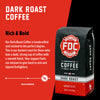 A bag of Dark Roast Coffee with bold text that reads "Rich and Bold".  A paragraph under reads, "Our Dark Roast Coffee is handcrafted and roasted to the perfect degree. This is our darkest roast for those who love a bold, strong up of coffee with a smooth finish. Your support fuels our mission to give back to sick and injured firefighters."