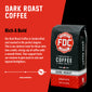 A bag of Dark Roast Coffee with bold text that reads ”Rich and Bold”.  A paragraph under reads, ”Our Dark Roast Coffee is handcrafted and roasted to the perfect degree. This is our darkest roast for those who love a bold, strong up of coffee with a smooth finish. Your support fuels our mission to give back to sick and injured firefighters.”