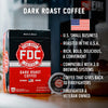 A box of Dark Roast Coffee Pods with bullet points that read, "U.S small business, roasted in the U.S.A, rich, bold, delicious, and convenient, compatible with the 2.0 brewing systems, coffee that gives back to firefighters, firefighter and veteran owned".