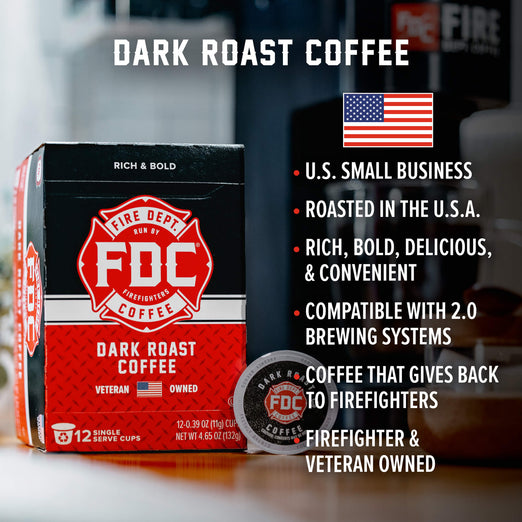 A box of Dark Roast Coffee Pods with bullet points that read, ”U.S small business, roasted in the U.S.A, rich, bold, delicious, and convenient, compatible with the 2.0 brewing systems, coffee that gives back to firefighters, firefighter and veteran owned”.