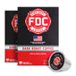 A box of FDC Fire Department Coffee Dark Roast Coffee, shown with two additional boxes behind it and a single coffee capsule in front on a plain white background.