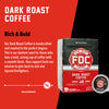 A box of Dark Roast Coffee Pods with bold text that reads "Rich and Bold". A paragraph under reads, "Our Dark Roast Coffee is handcrafted and roasted to the perfect degree. This is our darkest roast for those who love a bold, strong cup of coffee with a smooth finish. Your support fuels our mission to give back to sick and injured firefighters."