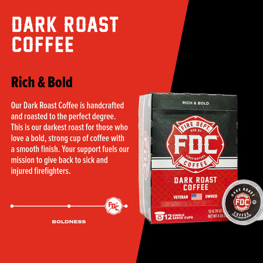 A box of Dark Roast Coffee Pods with bold text that reads ”Rich and Bold”. A paragraph under reads, ”Our Dark Roast Coffee is handcrafted and roasted to the perfect degree. This is our darkest roast for those who love a bold, strong cup of coffee with a smooth finish. Your support fuels our mission to give back to sick and injured firefighters.”