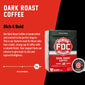 A box of Dark Roast Coffee Pods with bold text that reads ”Rich and Bold”. A paragraph under reads, ”Our Dark Roast Coffee is handcrafted and roasted to the perfect degree. This is our darkest roast for those who love a bold, strong cup of coffee with a smooth finish. Your support fuels our mission to give back to sick and injured firefighters.”
