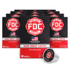Multiple boxes of FDC Fire Department Coffee with a single cup on a white background