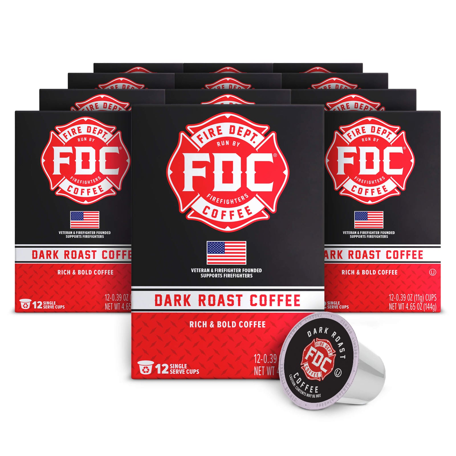 Multiple boxes of FDC Fire Department Coffee with a single cup on a white background