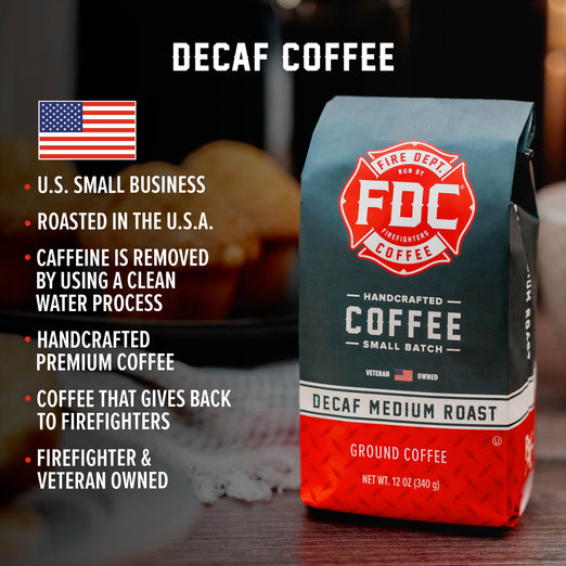 A bag of Decaf Coffee with bullet points that read ”U.S small business, roasted in the U.S.A, caffeine is removed by using a clean water process, handcrafted premium coffee, coffee that gives back to firefighters, firefighter and veteran owned.’