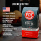 A bag of Decaf Coffee with bullet points that read ”U.S small business, roasted in the U.S.A, caffeine is removed by using a clean water process, handcrafted premium coffee, coffee that gives back to firefighters, firefighter and veteran owned.’