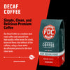 A bag of Decaf Coffee with bold text that reads "Simple, Clean, and Delicious Premium Coffee". A paragraph below reads, "Our Decaf Coffee is a medium-dark roast coffee and sourced from high-quality coffee beans for  bold, balanced flavor. And without all the caffeine, using a clean-water decaffeinated process for the best clean taste."