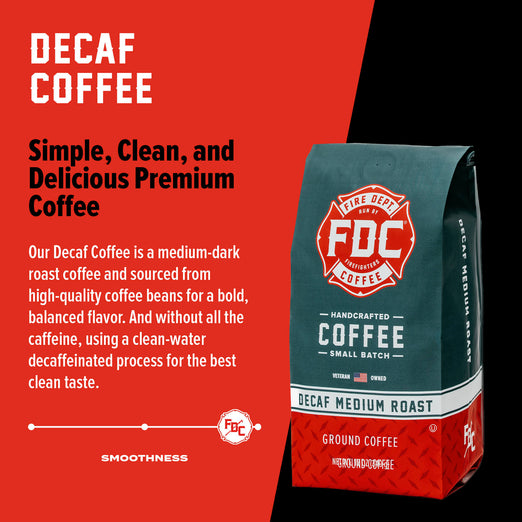 A bag of Decaf Coffee with bold text that reads ”Simple, Clean, and Delicious Premium Coffee”. A paragraph below reads, ”Our Decaf Coffee is a medium-dark roast coffee and sourced from high-quality coffee beans for  bold, balanced flavor. And without all the caffeine, using a clean-water decaffeinated process for the best clean taste.”