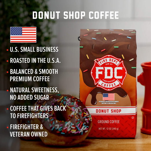 A bag of Donut Shop Coffee with bullet points that read, ”U.S small business, roasted in the U.S.A, balanced and smooth premium coffee, natural sweetness, no sugar added, coffee that gives back to firefighters, firefighter and veteran owned”.