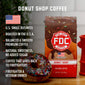 A bag of Donut Shop Coffee with bullet points that read, ”U.S small business, roasted in the U.S.A, balanced and smooth premium coffee, natural sweetness, no sugar added, coffee that gives back to firefighters, firefighter and veteran owned”.