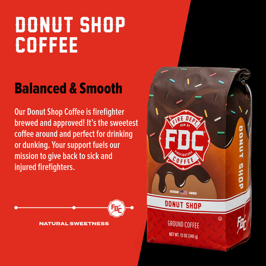 A bag of Donut Shop Coffee with bold words that read ”Balanced and Smooth”. A paragraph under that reads, ”Our Donut Shop Coffee is a firefighter brewed and approved! It’s the sweetest coffee around and perfect for drinking or dunking. Your support fuels our mission to give back to sick and injured firefighters.”