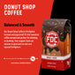 A bag of Donut Shop Coffee with bold words that read ”Balanced and Smooth”. A paragraph under that reads, ”Our Donut Shop Coffee is a firefighter brewed and approved! It’s the sweetest coffee around and perfect for drinking or dunking. Your support fuels our mission to give back to sick and injured firefighters.”