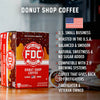 A box of Donut Shop Coffee Pods with bullet points that read, "U.S small business, roasted in the U.S.A, balanced and smooth, natural sweetness and no sugar added, compatible with 2.0 brewing systems, coffee that gives back to firefighters, firefighter and veteran owned".
