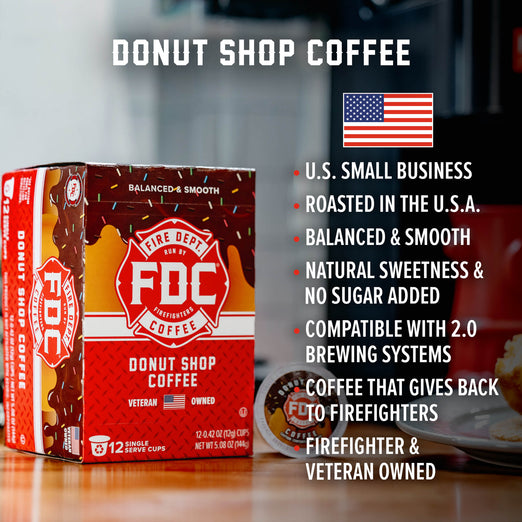 A box of Donut Shop Coffee Pods with bullet points that read, ”U.S small business, roasted in the U.S.A, balanced and smooth, natural sweetness and no sugar added, compatible with 2.0 brewing systems, coffee that gives back to firefighters, firefighter and veteran owned”.