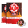 Three boxes of FDC Fire Department Coffee Donut Shop Coffee with one single-serve coffee pod shown in front on a white background.