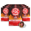 Multiple boxes of FDC Donut Shop Coffee with a single cup on a white background