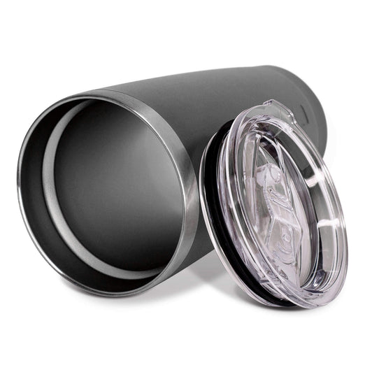 Inside view of a black, insulated Fire Department Coffee tumbler with a clear lid on a white background.