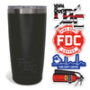 Black tumbler with Fire Department Coffee branding and related branded stickers on a white background.