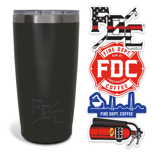 Black tumbler with Fire Department Coffee branding and related branded stickers on a white background.