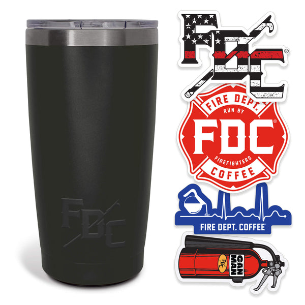 Black tumbler with Fire Department Coffee branding and related branded stickers on a white background.