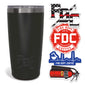 Black tumbler with Fire Department Coffee branding and related branded stickers on a white background.