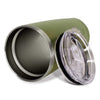 Inside view of a green, insulated Fire Department Coffee tumbler with a clear lid on a white background.
