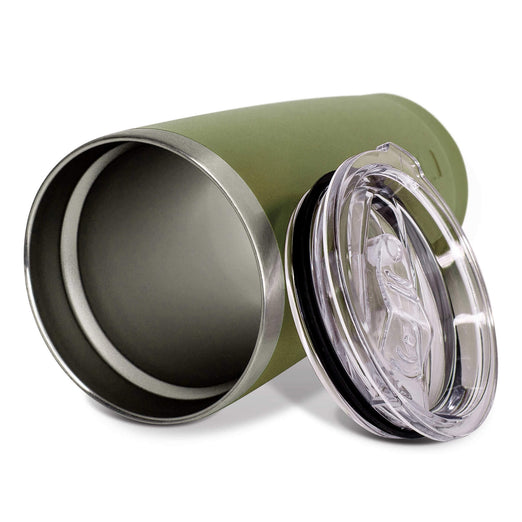 Inside view of a green, insulated Fire Department Coffee tumbler with a clear lid on a white background.