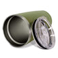 Inside view of a green, insulated Fire Department Coffee tumbler with a clear lid on a white background.