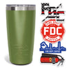 Green tumbler with Fire Department Coffee branding and related branded stickers on a white background.